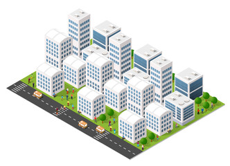 Wall Mural - A small town surrounded by trees and a road, flat, isometric map, urban planning, suburban neighborhood. 3D illustration