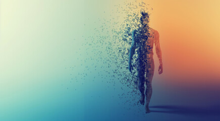 a human figure transitioning from analog to digital