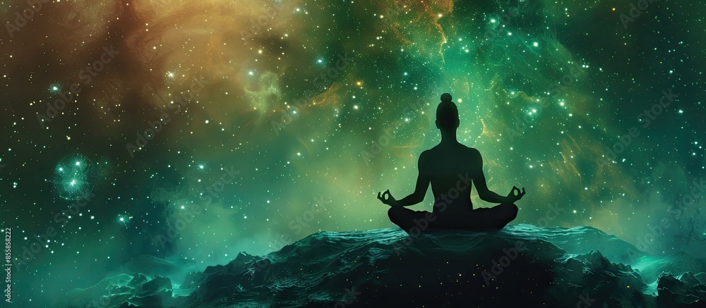 Silhouette of meditating human in space. Infinity space. Yoga man ...