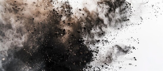 Wall Mural - Brown black dust powder explosion. The texture is abstract and splashes float. on a white background. with copy space image. Place for adding text or design