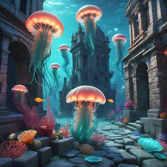 Wall Mural - a surreal underwater cityscape inhabited by mermaids and sea creatures, with iridescent coral towers, bioluminescent jellyfish floating above cobblestone streets, and ancient ruins.