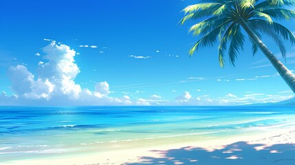 Wall Mural - Tropical beach view with one coconut tree bright blue sky