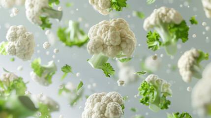 Ripe Cauliflower with Green Leaves on White Background