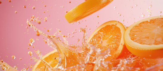Poster - Sweet orange juice explosion, splash through flying fruits. Nectar, extract, essence of fresh falling oranges. Juicy, refreshing drink. Vfx shot, fluid simulation.  pastel background