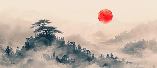 Poster - Misty landscape with pine tree, red sun and and misty forest mountains. Traditional oriental ink painting sumi-e, u-sin, go-hua. Copy space image. Place for adding text or design