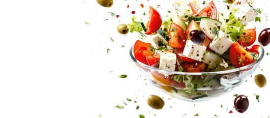 Aufkleber - Traditional Greek salad with slices of feta cheese, tomatoes, olives, flying in the air to a glass bowl on a white background. Horiatiki. Copy space image. Place for adding text or design