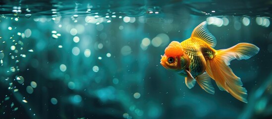 Single goldfish, a lion head, in the tank. with copy space image. Place for adding text or design