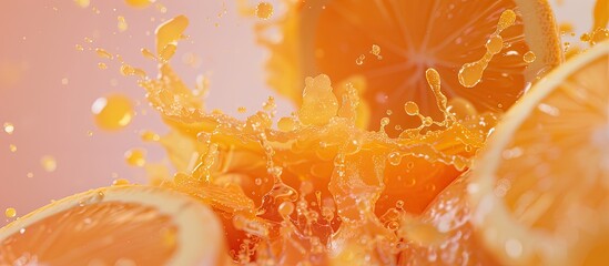 Poster - Sweet orange juice explosion, splash through flying fruits. Nectar, extract, essence of fresh falling oranges. Juicy, refreshing drink. Vfx shot, fluid simulation.  pastel background