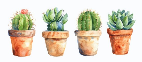 Wall Mural - Watercolor succulent houseplant cactus with thorns in flower pot closeup isolated on white background. Hand painting on paper. with copy space image. Place for adding text or design