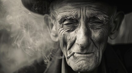 old man face, head have hat, mouth have cigarettes, he is thoughtful