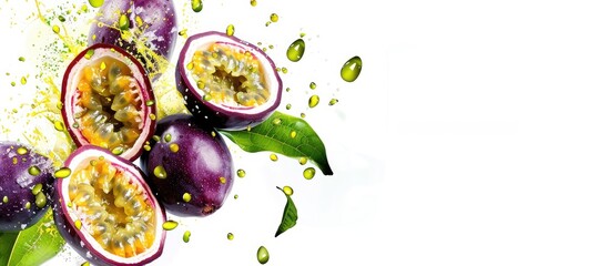Leinwandbilder - Whole and sliced ripe passion fruit in the air on a white background. with copy space image. Place for adding text or design