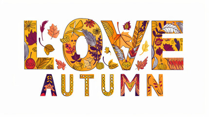 Wall Mural - The word love is written in colorful autumn leaves