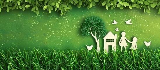 Canvas Print - Paper cut of family with house and tree on fresh spring green grass. with copy space image. Place for adding text or design