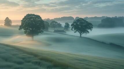 Wall Mural - Serene farmland blanketed in a delicate morning mist, where distant trees and farmsteads emerge as if from a dream. The muted palette and soft light create a sense of serenity and nostalgia, ideal