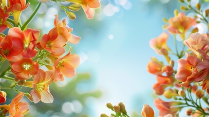 Wall Mural - freesia flowers under blue sky background copy space for text