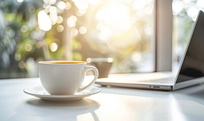coffee cup standing on desk in front of laptop with sunlight shining through window