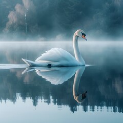 Canvas Print - Elegant Swan Gliding on a Serene Lake with Mirrored Reflection