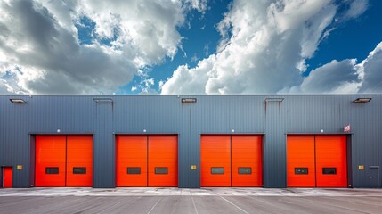 Wall Mural - Innovative logistics warehouse complex with orange roller doors, wide angle view. An excellent solution for storing, sorting and transporting products.