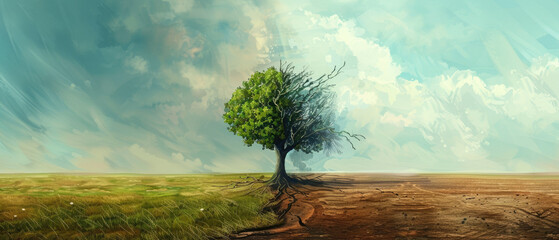 Wall Mural - A tree with half of its branches dead and the other side lush green, standing in an empty field. The sky is cloudy above it