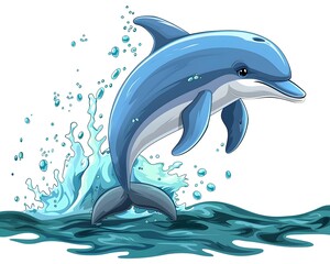 Wall Mural - Joyful Cartoon Dolphin Leaping from Turquoise Ocean Waves with Splashing
