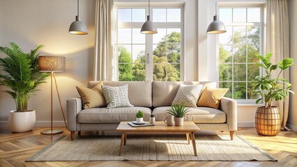 Poster - Light living room with cozy couch and natural lighting, living room, interior, light, comfortable, couch, cozy, home, decor