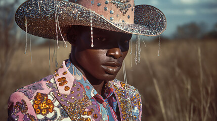 Close up portrait of a African man wearing a pink suit and cowboy hat decorated in rhinestones and beads, Contemporary fashion 