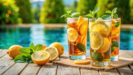 Poster - Refreshing poolside citrus iced tea with lemon slices and mint leaves on a sunny day , poolside, citrus, iced tea, lemon