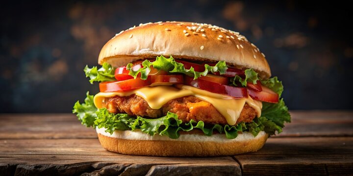 Gourmet crispy chicken burger with mayo, tomato, lettuce, bacon, and cheddar cheese, food, burger, chicken, crispy, tasty