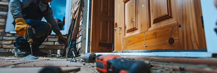 Poster - A skilled worker carefully installs a new door, showcasing the professionalism and precision involved in the process. Generative AI
