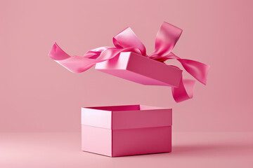 Wall Mural - pink gift box opens with a flying ribbon on a soft background, perfect for birthdays, anniversaries,