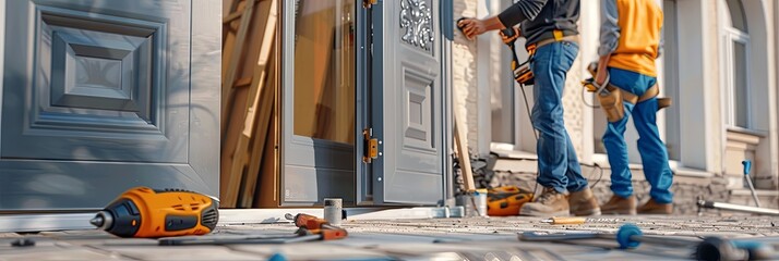Poster - Two construction workers install a new door at a residential home. They are carefully using tools and techniques to ensure a high-quality installation. Generative AI