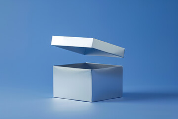 Wall Mural - Silver gift box opening on a blue background, suggesting the excitement of receiving a present