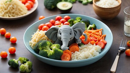 Wall Mural - Healthy Meals That Are Kid Friendly. wholesome meals presented on dishes fashioned like animals. includes a bowl of carrots, an elephant plate with broccoli and noodles, and a dinosaur dish with rice,