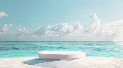 Wall Mural - 3D summer beach podium with sand, serving as a display platform against a sea background