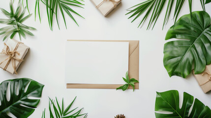 Wall Mural - Mockup card wedding background white tabletop greeting view. Flat design green leaves table template