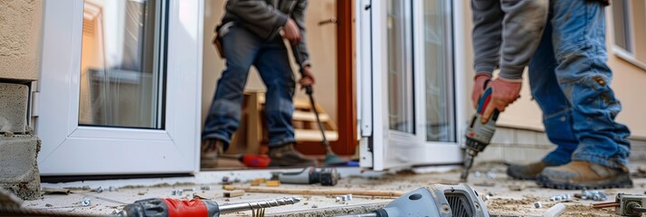 Poster - Two workers installing a new door, with the old door still visible. Tools like a drill and screws lie scattered on the ground. Generative AI