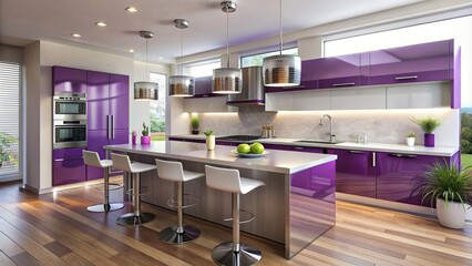 Wall Mural - Modern, stylish kitchen with purple accents and a fully furnished bar area, purple, style, furnished, kitchen, modern, interior