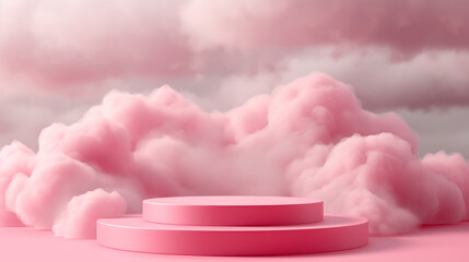 Wall Mural - A pink cloud filled sky with a pink stage in the middle. Background podium pink 3d product sky platform display cloud pastel scene render stand.
