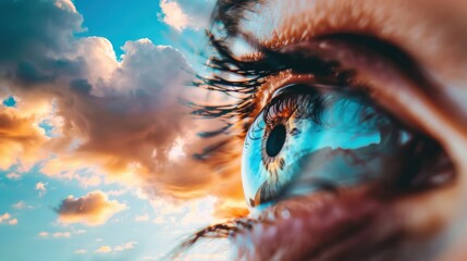 Human eye amidst sky and clouds, reflecting the healing of eye movement desensitization reprocessing therapy. wide angle lens