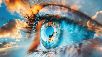 Human eye amidst sky and clouds, reflecting the healing of eye movement desensitization reprocessing therapy. wide angle lens