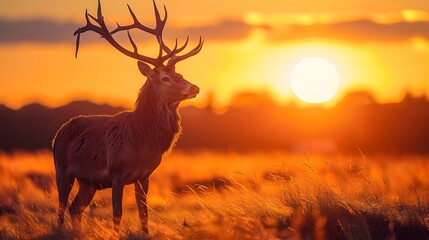 Wall Mural - Majestic Stag Silhouetted Against Stunning Sunset Landscape Powerful and Serene Wilderness Scene