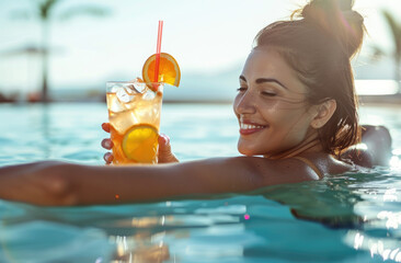 Sticker - Portrait of smiling woman with cocktail at swimming pool edge