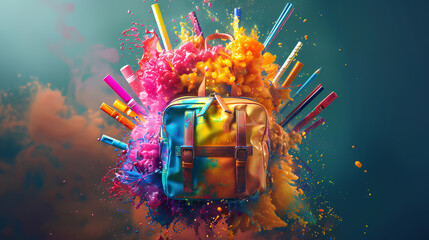 Wall Mural - Colorful backpack with school supplies explosion