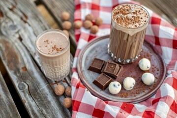 Wall Mural - Glass with milk chocolate shake on plate with balls and chocolate portions on red and white checkered tablecloth on wooden bench. Elevated view.