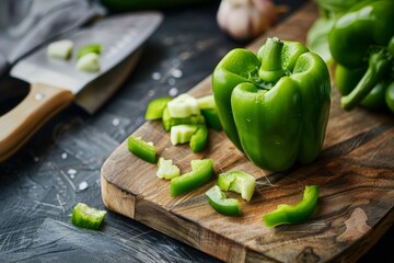 Wall Mural - Green pepper prepared on cutting board top view