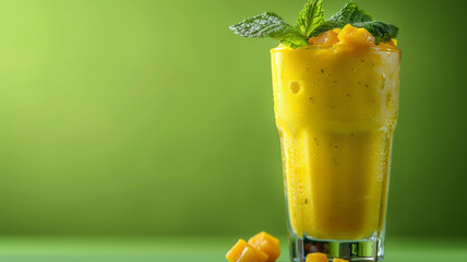 Wall Mural - A glass of mango smoothie with mint on a green background.