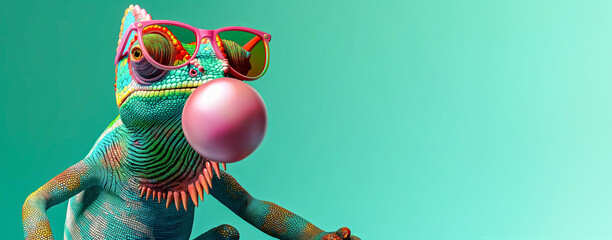 Wall Mural - Cool Chameleon with Sunglasses Blowing Bubblegum. Fun and Vibrant Design for Posters and Cards