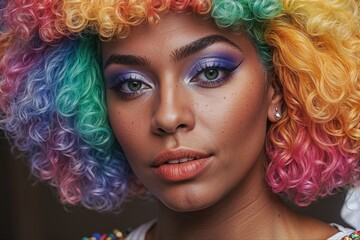 A black trans woman with rainbow colored hair and makeup