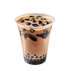 Chocolate bubble tea isolated in white background, Caramel latte with boba in a plastic cup