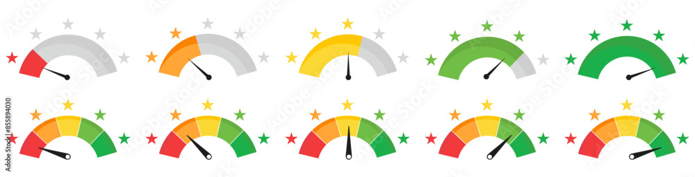 Speedometer feedback with star rating. Customer satisfaction gauge ...